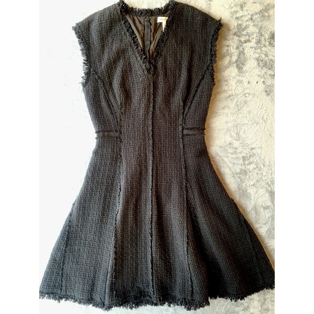 Rebecca Taylor Black Tweed Fit Flare Dress Fringe Frayed Trim Womens 6 Mini LBD